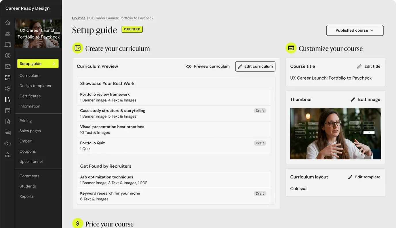 Teachable course setup interface showing curriculum builder