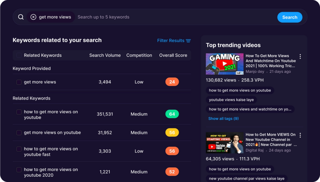 vidIQ free plan dashboard for YouTube keyword research