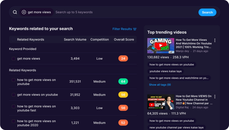vidIQ free plan dashboard for YouTube keyword research